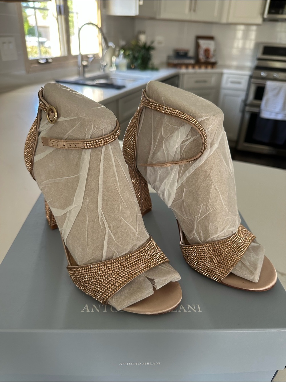 ANTONIO MELANI Dusk Sand Gold Crystal-Embellished Block Heels